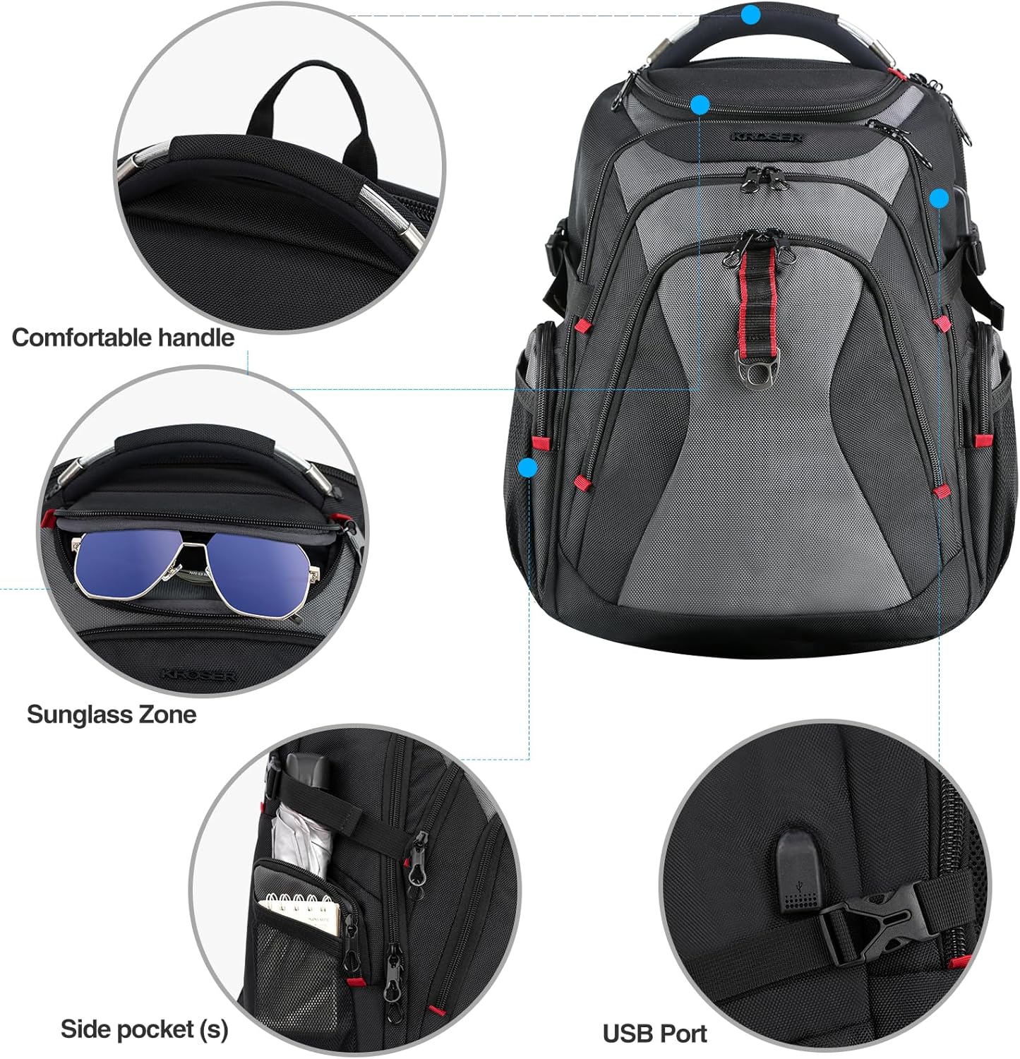 KROSER Travel Laptop Backpack 17.3 Inch XL Computer Backpack with Hard Shell Saferoom RFID Pockets Water-Repellent Business College Daypack Stylish Bag for Men/Women-Black Grey - Roamly