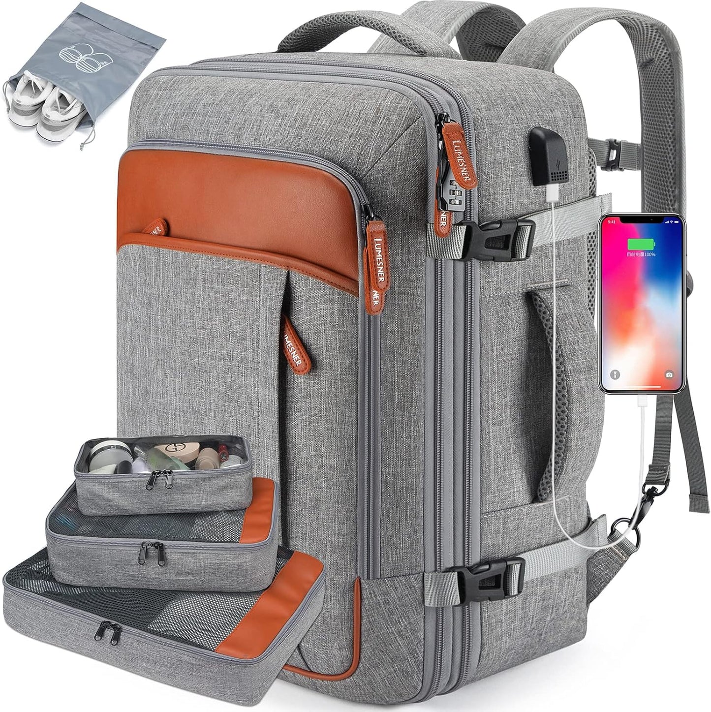 Carry on Travel Backpacks, Extra Large 40L Flight Approved Bag for Men & Women,Expandable Suitcase Backpack With 4 Packing Cubes,Water Resistant Luggage Daypack Business Weekender Bag,Grey