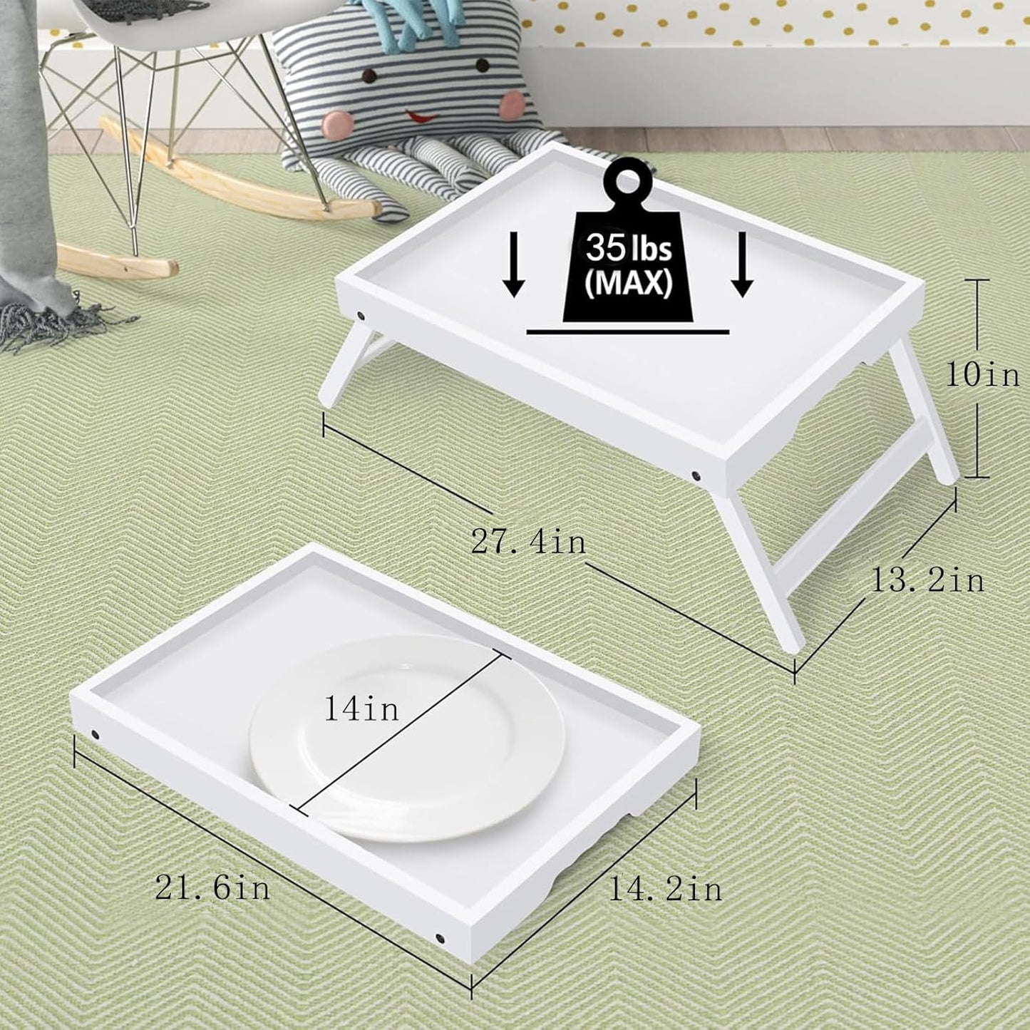 Artmeer Bed Tray Table with Folding Legs,Bamboo Breakfast in Bed for TV Table, Laptop Computer Tray,Eating,Snack Tray (White) Extra-Large Size