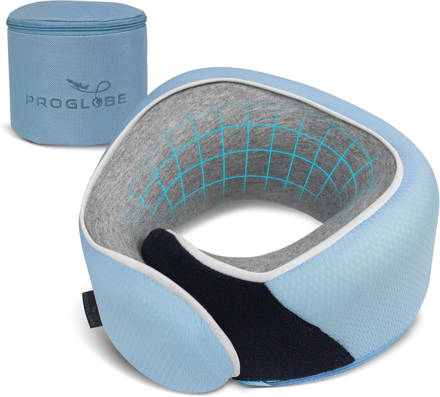 Junior Kids Travel Neck Pillow - Ergonomic Memory Foam Pillow for Airplane, Car, Booster Seat - Soft, Washable, Compact Travel Pillow with Strap - Light Blue - Ages 4–13