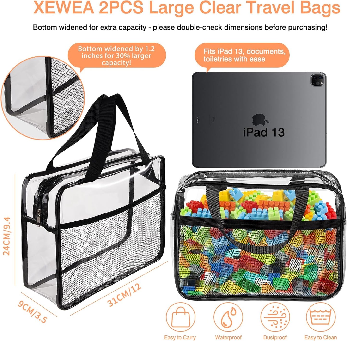 XEWEA 2PCS Large TSA Approved Clear Travel Toiletry Bags for Men Women, Transparent Makeup Cosmetic Bag with Handle,Waterproof PVC Quart Organizer Storage Pouch for Toiletries Airline Essential, Balck - Roamly