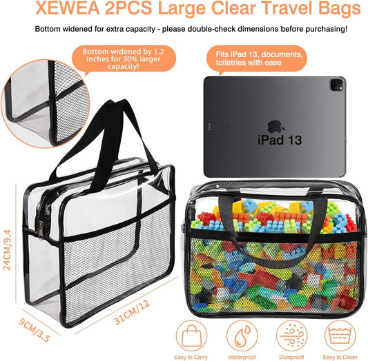 XEWEA 2PCS Large TSA Approved Clear Travel Toiletry Bags for Men Women, Transparent Makeup Cosmetic Bag with Handle,Waterproof PVC Quart Organizer Storage Pouch for Toiletries Airline Essential, Balck - Roamly