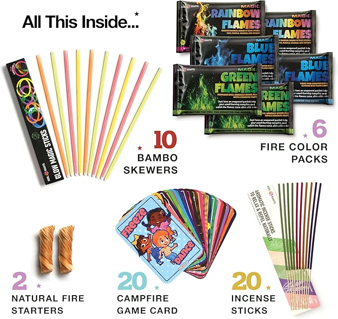 Complete Campfire Kit , Box include 6 Magical Color Changing Fire Packs, 20 Game Cards, 10 Glowsticks, 2 Fire Starters, 10 Incense Sticks, 10 Bamboo Sticks, Fun Camping Set, Outdoor Parties, Campfire