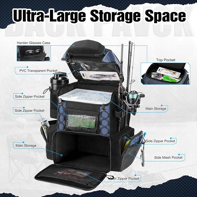 Piscifun Fishing Tackle Backpack with Rod Holders & 4 Tackle Boxes, 42L Outdoor Fishing Bag with Waterproof Rain Cover
