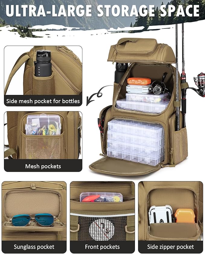 HAMBOLY Fishing Backpack with Tackle Boxes, 50L Fishing Tackle Bag with Cooler & Rod Holders, Waterproof Tackle Bag for Men