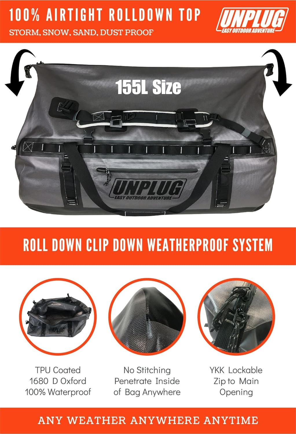 UNPLUG Waterproof Bags for Travel -1680D Heavy Duty Waterproof Duffel Bag for Camping, Motorcycle Dry Bag, Hunting Bag, Bug Out Bag, Waterproof Bags for Boating. Tactical Duffle Bag (155L Storm Grey) - Roamly