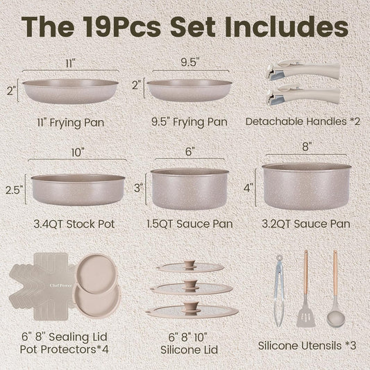 Chef Power Ceramic Nonstick Pots and Pans Set 19 Piece with Detachable Handle, Induction Dishwasher Oven Safe Cookware Set, RV Kitchen Set Removable Handle, Mocca Taupe
