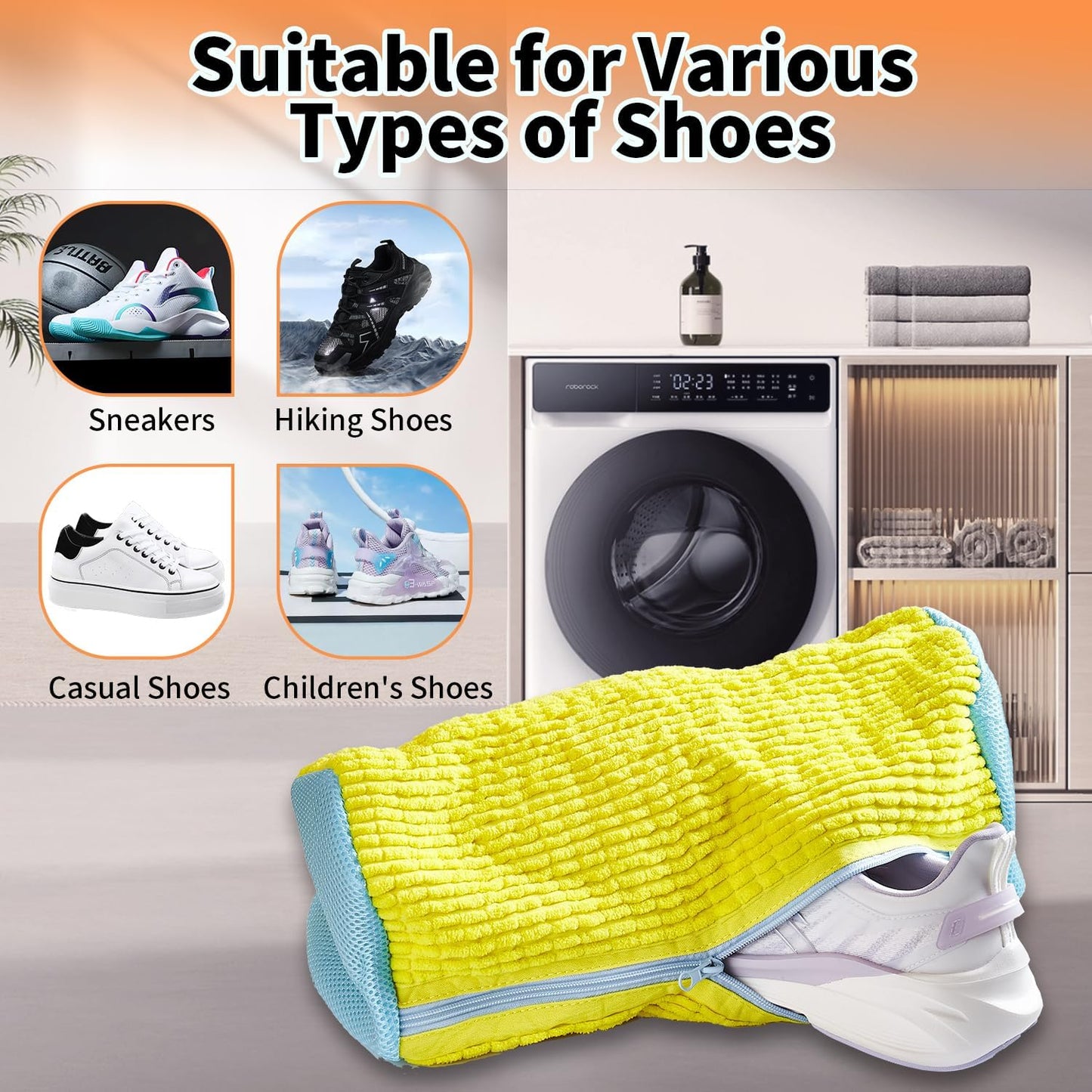 Shoe Washing Machine Bag, 2Pcs Reusable Shoe Cleaning Bag for Washing Machine, Shoe Laundry Bag for Washer, Cleaner bag for Sneakers Tennis Shoes (Yellow 2pcs)