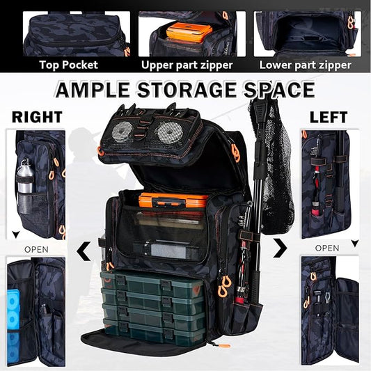 Fishing Backpack with Rod Holders,900D Oxford Water-Resistant Fishing Gear,42L Large Storage Tackle Bag for Men