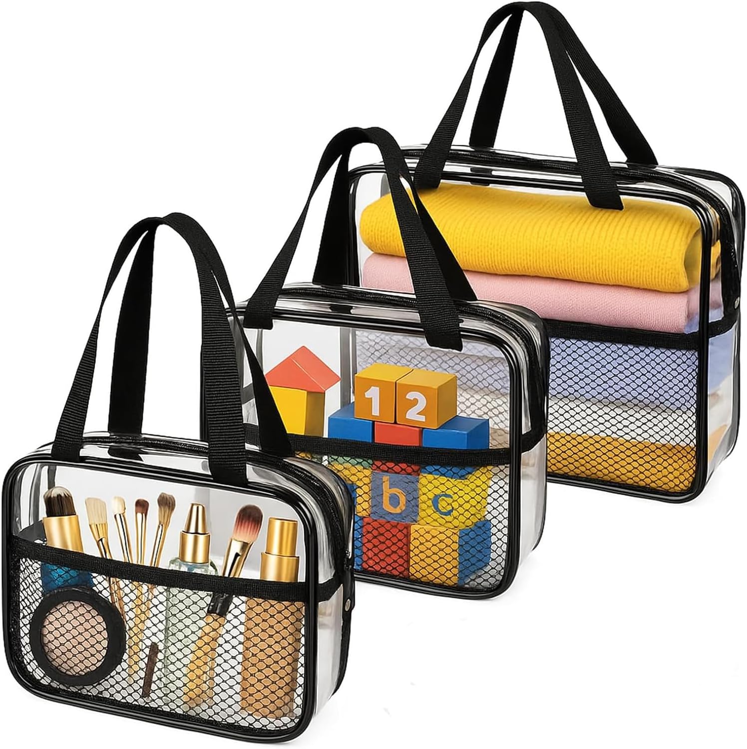 XEWEA Large Small Clear Travel Toiletry Bags with Handles & Pocket for Men Women, 3PCS TSA Approved Transparent Makeup Bag,Waterproof PVC Quart Organizer with Zipper for Toiletries Airline Essentials - Roamly