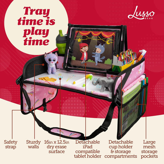 Lusso Gear Pink Unicorn Kids Travel Tray for Toddlers - Car Seat Table Tray and Car Desk for Kids - Airplane and Road Trip Activities
