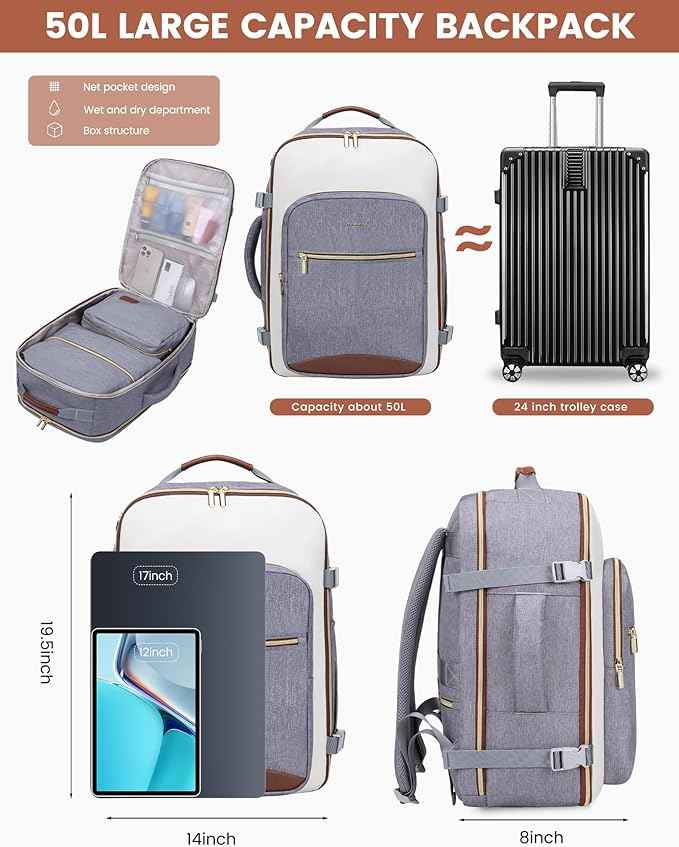 LOVEVOOK 50L Travel Backpack for Women & Men, Airline Approved Carry On Luggage with 3 Packing Cubes, TSA Overnight Bags, Waterproof Personal Item Bag, Weekender Essentials Backpacks fits 17" Laptop