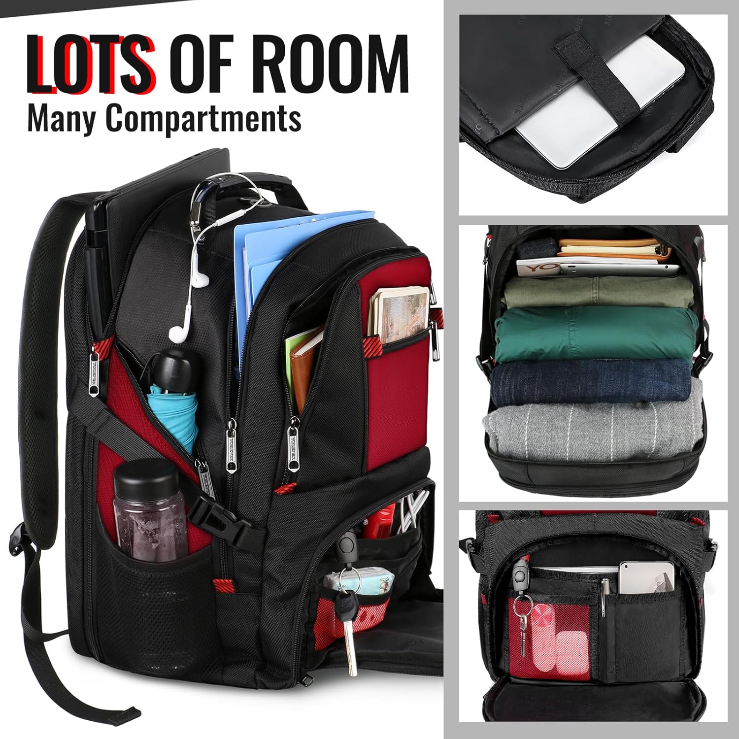 YOREPEK 18.4 Laptop Backpack,Large Backpacks Fit Most 18 Inch Laptop with USB Charger Port,TSA Friendly Flight Approved Weekend Carry on Backpack with Luggage Strap for Men and Women, Red - Roamly