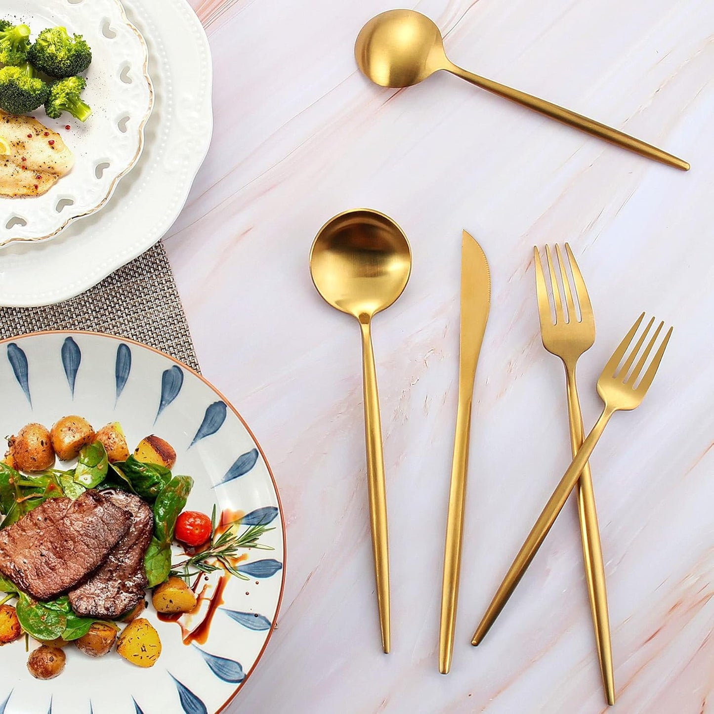 Matte Gold Silverware Set, IBIILII JEFF 40 Pieces Stainless Steel Flatware Set，Kitchen Utensil Set, Tableware Cutlery Set, Knife Spoons And Forks Set, Satin Finished Polished & Dishwasher Safe