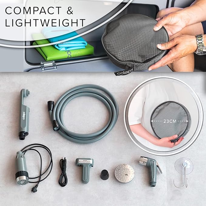 Colapz 12V Camping Shower Portable - High Pressure Outdoor USB Rechargeable Camping Shower - Kit with 9 Gallon Water Bag - Van Life RV Beach Hiking Dog Washing