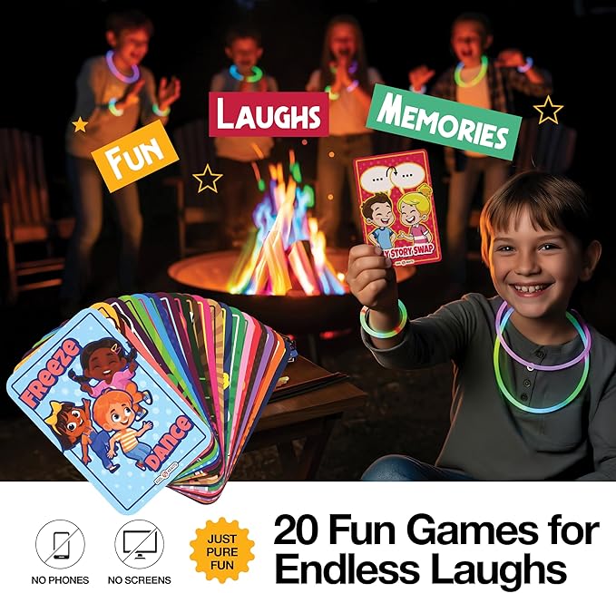 Complete Campfire Kit , Box include 6 Magical Color Changing Fire Packs, 20 Game Cards, 10 Glowsticks, 2 Fire Starters, 10 Incense Sticks, 10 Bamboo Sticks, Fun Camping Set, Outdoor Parties, Campfire