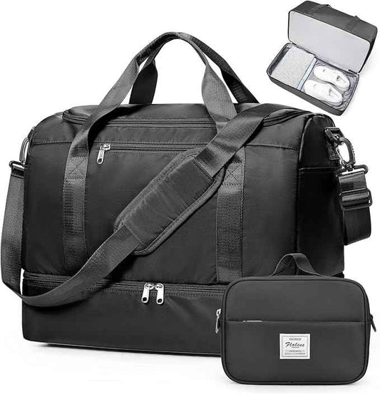 Travel Duffel Bag for Women, Carry-on Overnight Weekender Bags with Wet Pocket & Toiletry Bag, For Spirit Airlines 18x14x8 Personal Item Bag,Small,Black