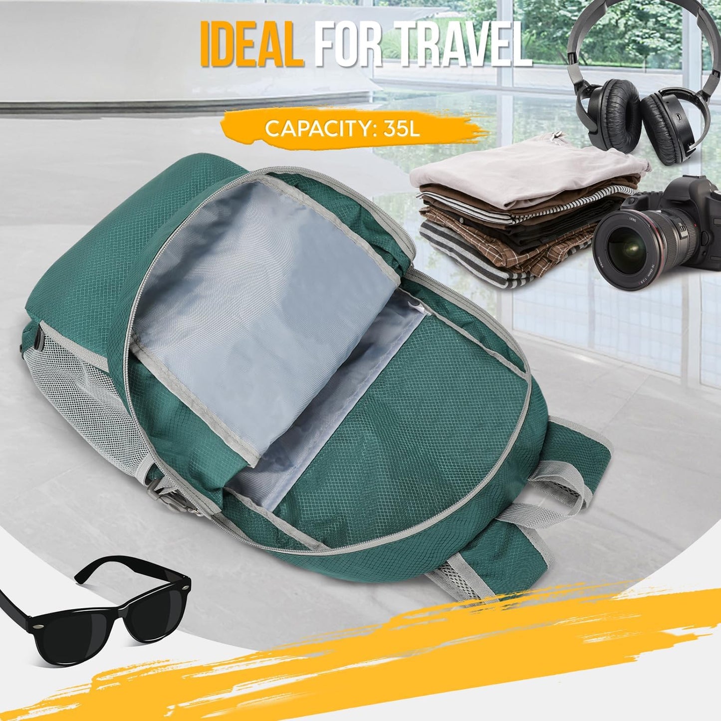 ZOMAKE Lightweight Packable Backpack 35L, Light Foldable Backpacks Water Resistant Collapsible Hiking Bag, Compact Folding Day Pack for Travel Camping(Dark Green) - Roamly