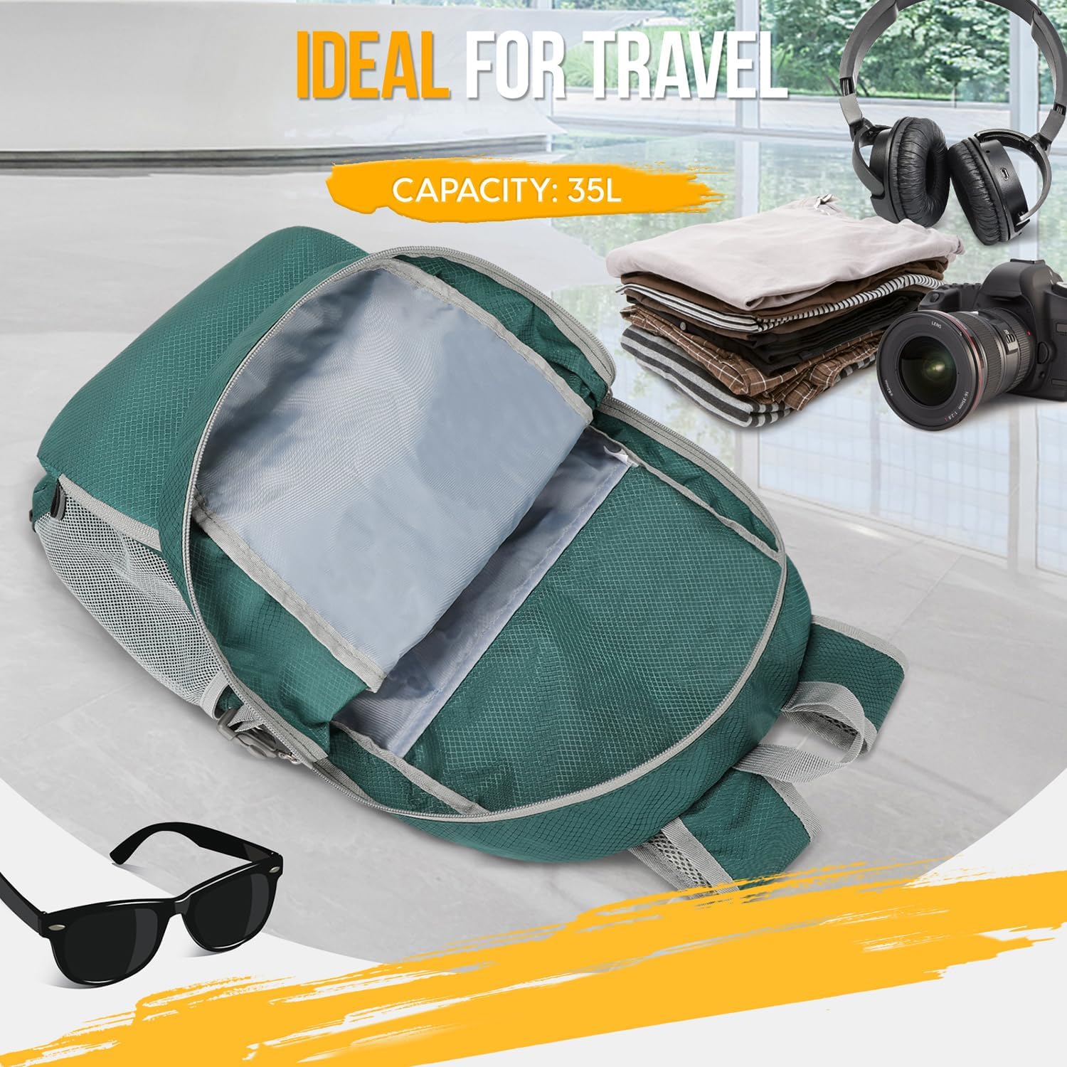 ZOMAKE Lightweight Packable Backpack 35L, Light Foldable Backpacks Water Resistant Collapsible Hiking Bag, Compact Folding Day Pack for Travel Camping(Dark Green) - Roamly