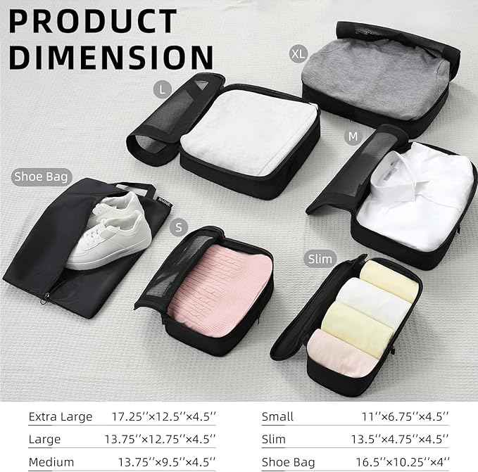 BAGAIL 4 Set/6 Set/8 Set Compression Packing Cubes Travel Accessories Expandable Packing Organizers (Square Mesh, 05-Jet Black)