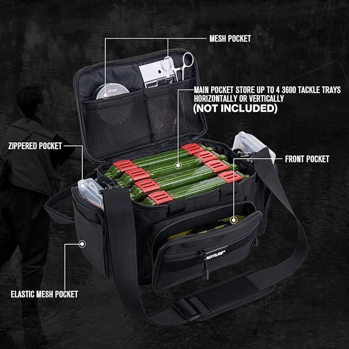 Goture Fishing Tackle Bag, 600D Water-Resistant Soft Side Crossbody Sling Bag for Men & Women,Small Gear Storage Tactical Bags for Saltwater & Freshwater,Fits 4 3600 Tackle Boxes (Not Included)