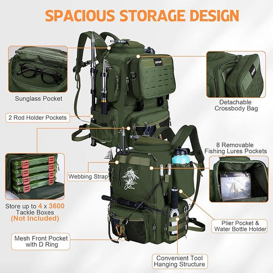 Goture Fishing Backpack, 900D Water-Resistant Tackle Backpack with Rod Holders, 58L Large Storage Gear Fishing Tackle Bag with Detachable Crossbody Bag,8 Lure Pockets,Bottle Holder for Camping Hiking