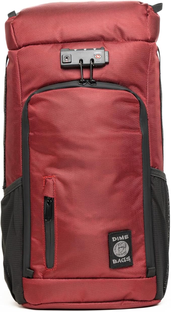 DIME BAGS Scent Sealing Backpack with Combo Lock, Carbon-Lined to Seal Odors, Removable Padded Insert, 8 Compartments, Durable Travel Bag for Glass & Gear Protection, Wiseguy (Oxblood)