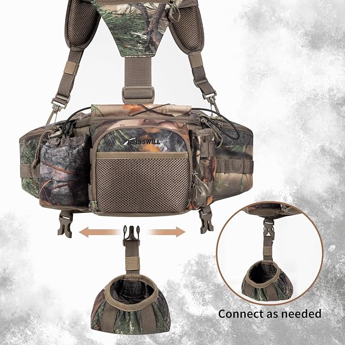 BLISSWILL Hunting Fanny Waist Pack with Harness Pouch，Shoulder-Supported Waist Pack， Hunting Backpack for Bow Rifle（New Leaf Camo）