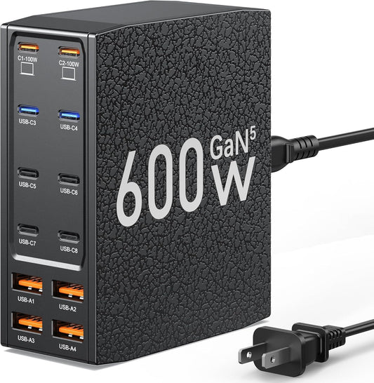 USB Charging Station (600W),12-Port USB C Charger Block with Dual 100W PD USB-C Fast Charging Station Hub for MacBook Pro/Air/All iPad Phone 17/16 15/14/13/Pro Max/Samsung Galaxy Note (Black) - Roamly