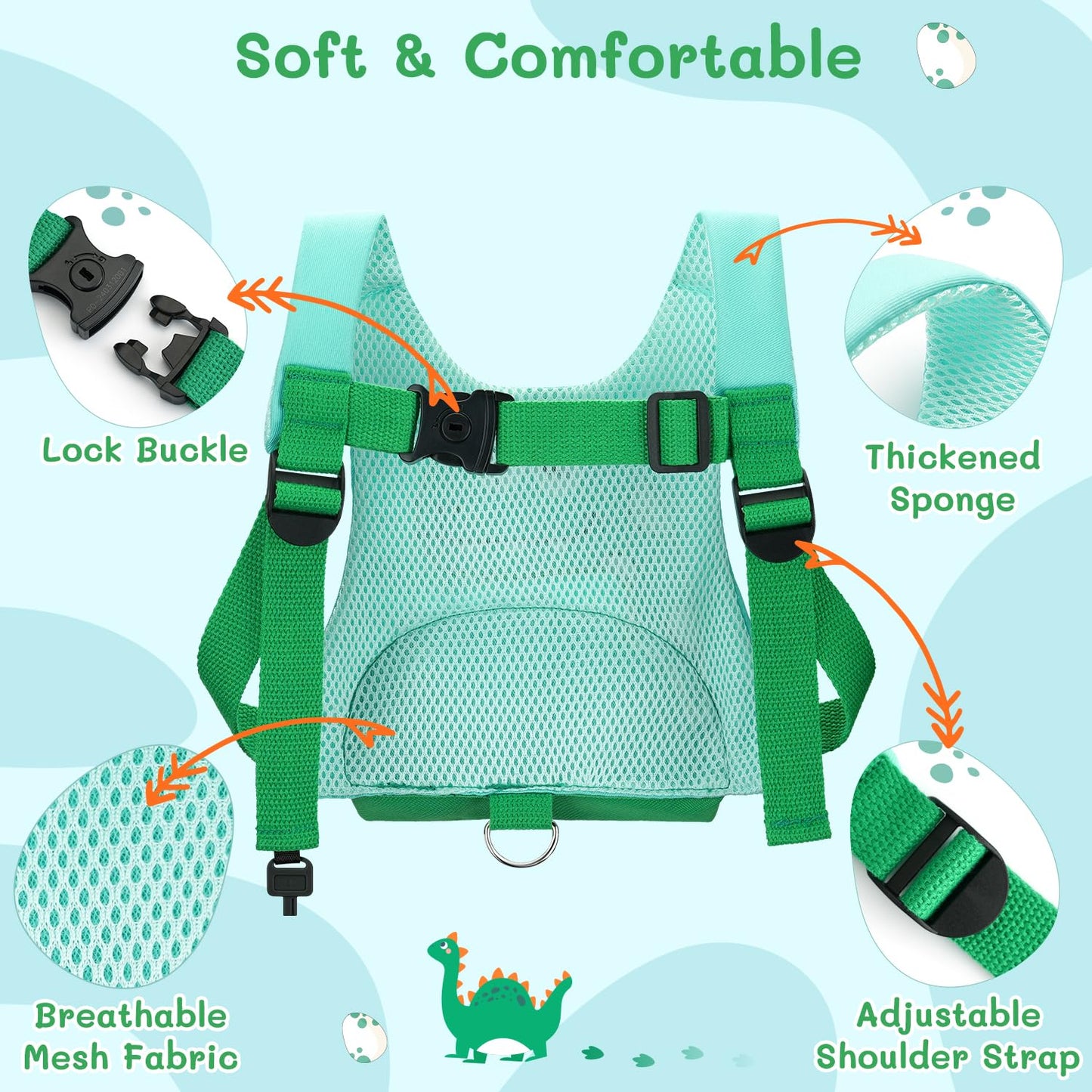 Dr.meter 3 in 1 Toddler Harness Leash + 8.2ft Anti Lost Wrist Link, Cute Dinosaur Kids Safety Harness Tether with Key Lock, Child Protective Leashes While Walking for Outdoor Activity Keep Kids Close