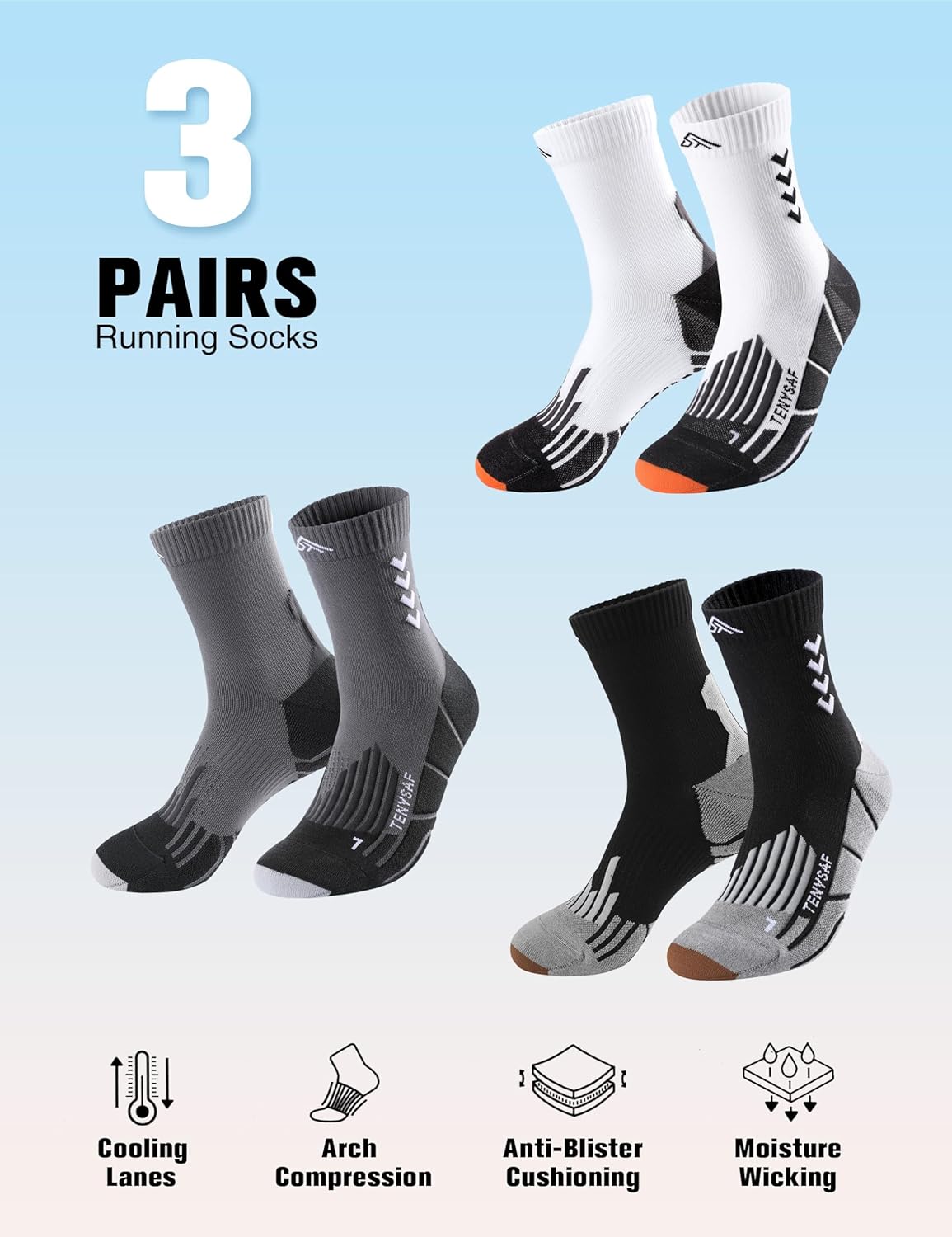 Compression Crew Running Socks: Athletic Socks for Men Women with Cushion,3 Pairs Work Hiking Basketball Sport Socks