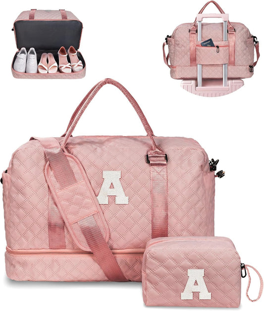 Women Gift-Birthday Gifts, Initial Duffle Bags with Shoe Compartment, Girls Weekender Bag, Overnight Tote for Women, Travel Bag with Makeup Pouch (Letter A) - Roamly