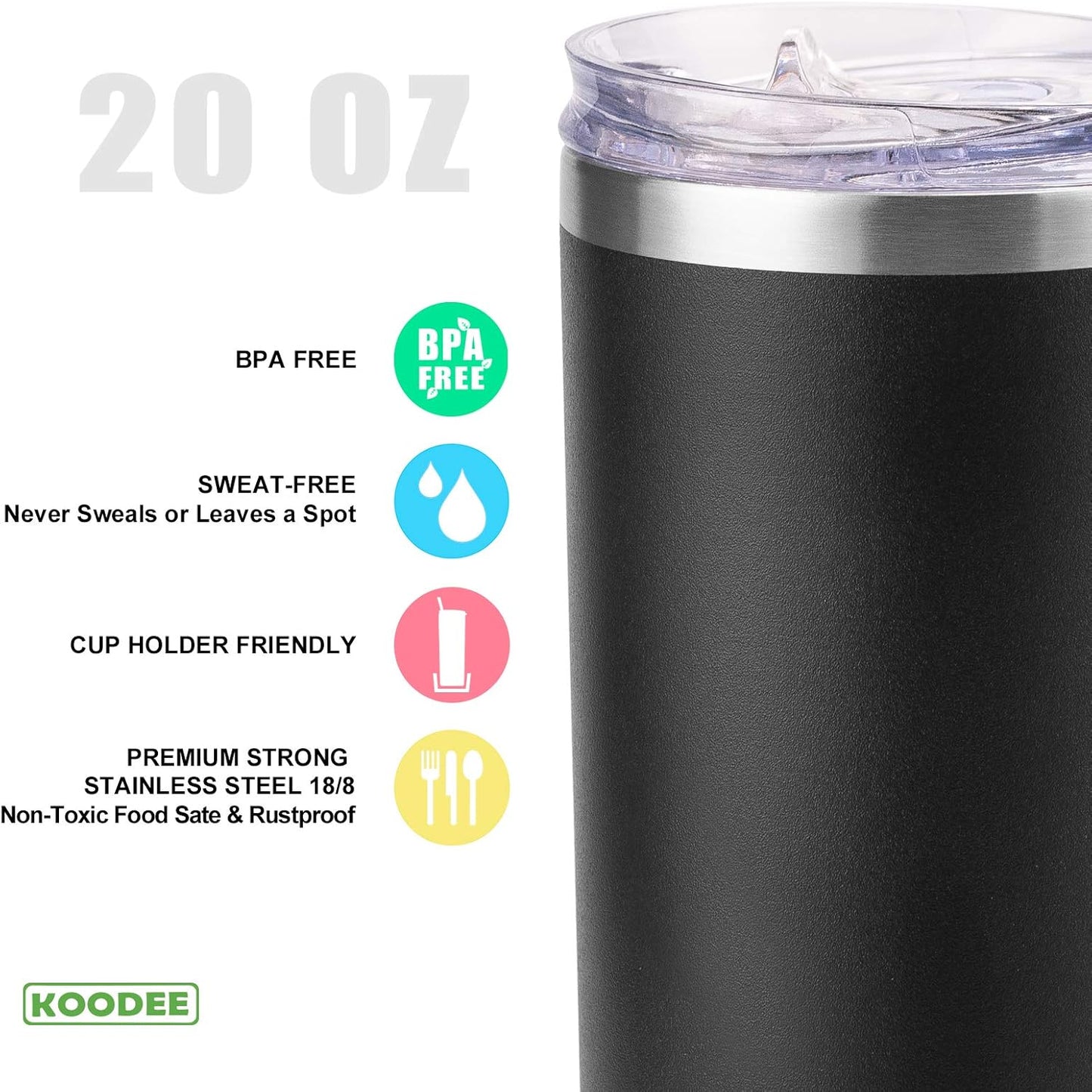 koodee 20 oz Stainless Steel Skinny Tumbler Double Wall Insulated Slim Water Tumbler Cup with Lids, Straws and Straw Brushes (Black)