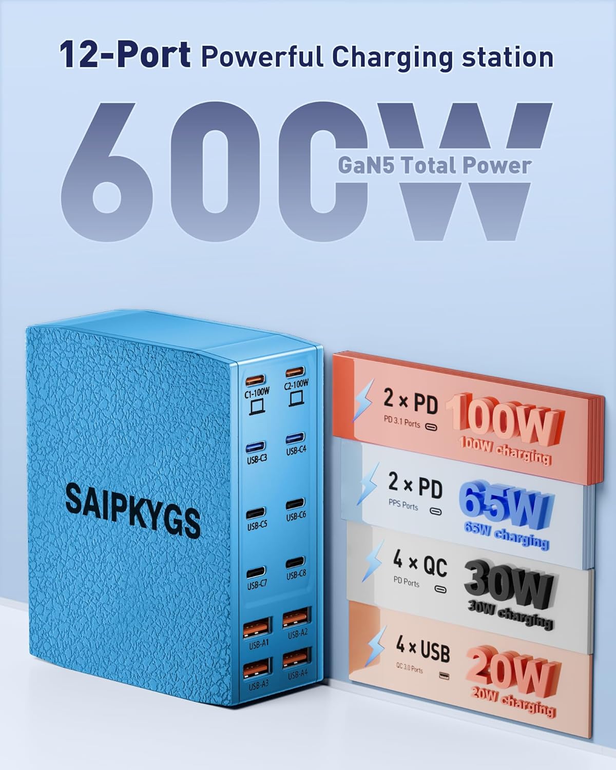 USB Charging Station (600W),12-Port USB C Charger Block with Dual 100W PD USB-C Fast Charging Station Hub for MacBook Pro/Air/All iPad Phone 17/16 15/14/13/Pro Max/Samsung Galaxy Note(Blue) - Roamly