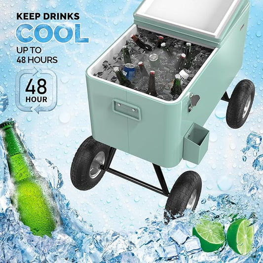 VINGLI 80 Quart Wagon Rolling Cooler Ice Chest, w/Long Handle and 10" Wheels, Portable Beach Patio Party Bar Cold Drink Beverage, Outdoor Park Cart on Wheels
