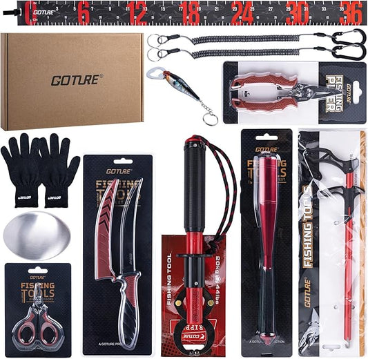 Goture Fishing Tool Kit,Fishing Pliers,Fillet Knife with Sheath,Fish Lip Gripper,Fish Hook Remover,Lanyard,Line Scissors,Sharpener,Stainless Steel Soap,Saltwater Gear Kit,Red/Pink,Gifts for Men/Women