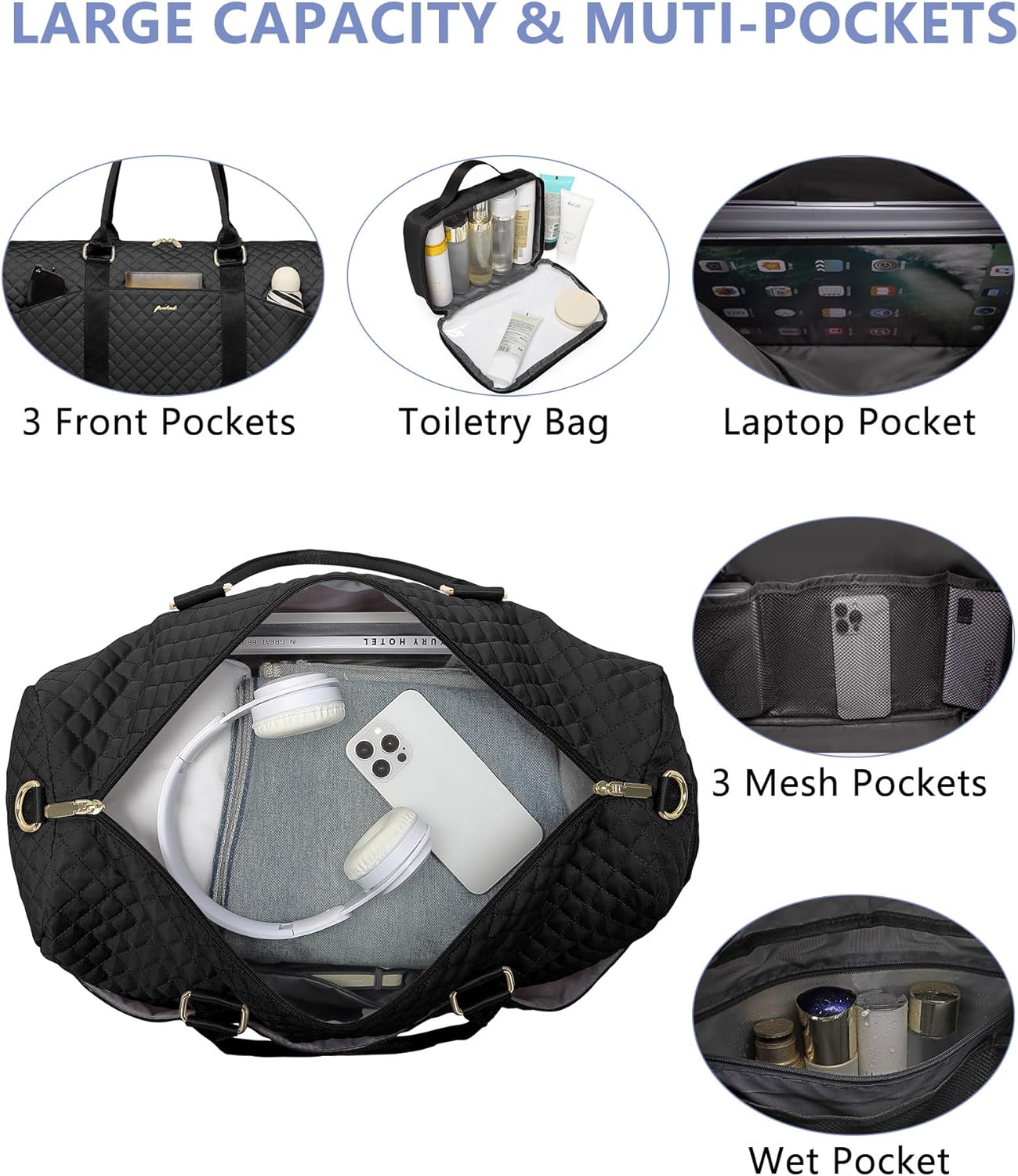 Women Weekender Travel Duffle Bag: Travel Duffel Overnight Bags with Shoe Compartment Large Carry on Tote with Toiletry Bag Weekend Traveling Yoga Gym Hospital Bag for Women with Wet Pocket Black