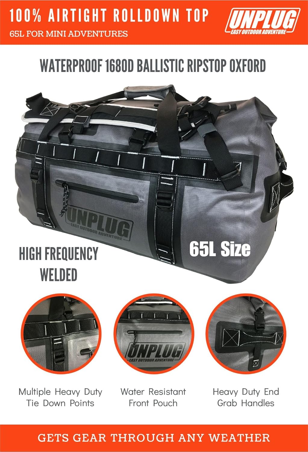 UNPLUG Waterproof Bags for Travel -1680D Heavy Duty Waterproof Duffel Bag for Camping, Motorcycle Dry Bag, Hunting Bag, Bug Out Bag, dry bags for kayaking waterproof boat bag (65L Storm Grey) - Roamly