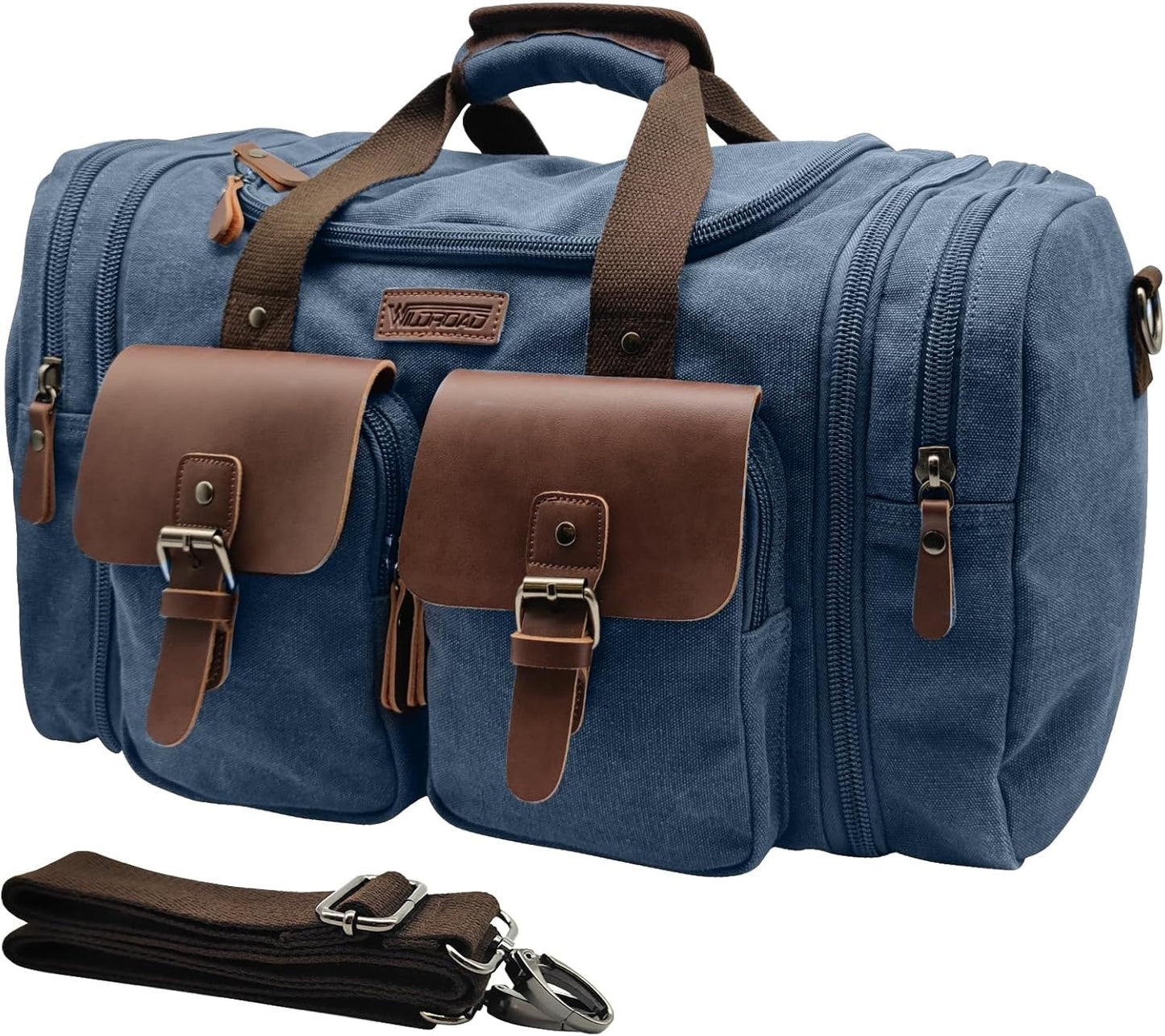 Wildroad 50L Travel Duffel Bag, Expandable Canvas Genuine Leather Duffle Bag Upgraded Overnight Weekender Carry on Bag (Navy Blue, Large-50L) - Roamly