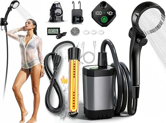 2026 Upgraded Portable Camping Shower with Heater,2000W Camping Water Heater with Shower Head 3 Spray Modes,6000mAh Rechargeable Camping Shower Pump with LED Display,Outdoor Heated Camp Shower for Car