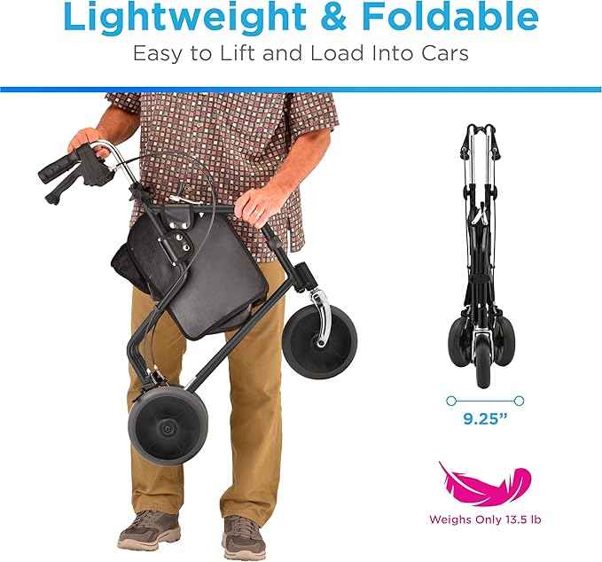 NOVA Traveler Folding 3-Wheel Walker with Tray, Basket, Pouch & Cup Holder, Lightweight Mobility Aid for Seniors & Adults, 8” All-Terrain Wheels for Tight Spaces & Travel, Black