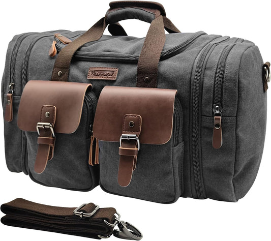 Wildroad 50L Travel Duffel Bag, Expandable Canvas Genuine Leather Duffle Bag Upgraded Overnight Weekender Carry on Bag - Roamly