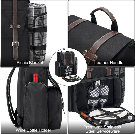 Picnic Backpack for 2 Person with Large Insulated Cooler Bag, Picnic Basket Set with Wine Pouch, Waterproof Picnic Blanket & Cutlery Set. Perfect for Camping, Party,Wedding Gift for Couple.2P-Black