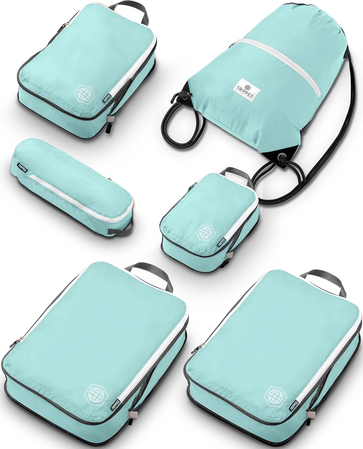 Large Compression Packing Cubes 6 Piece Set for Travel with Lightweight Laundry Bag/Drawstring Backpack for Carry-On Suitcase (Teal/White) - Roamly