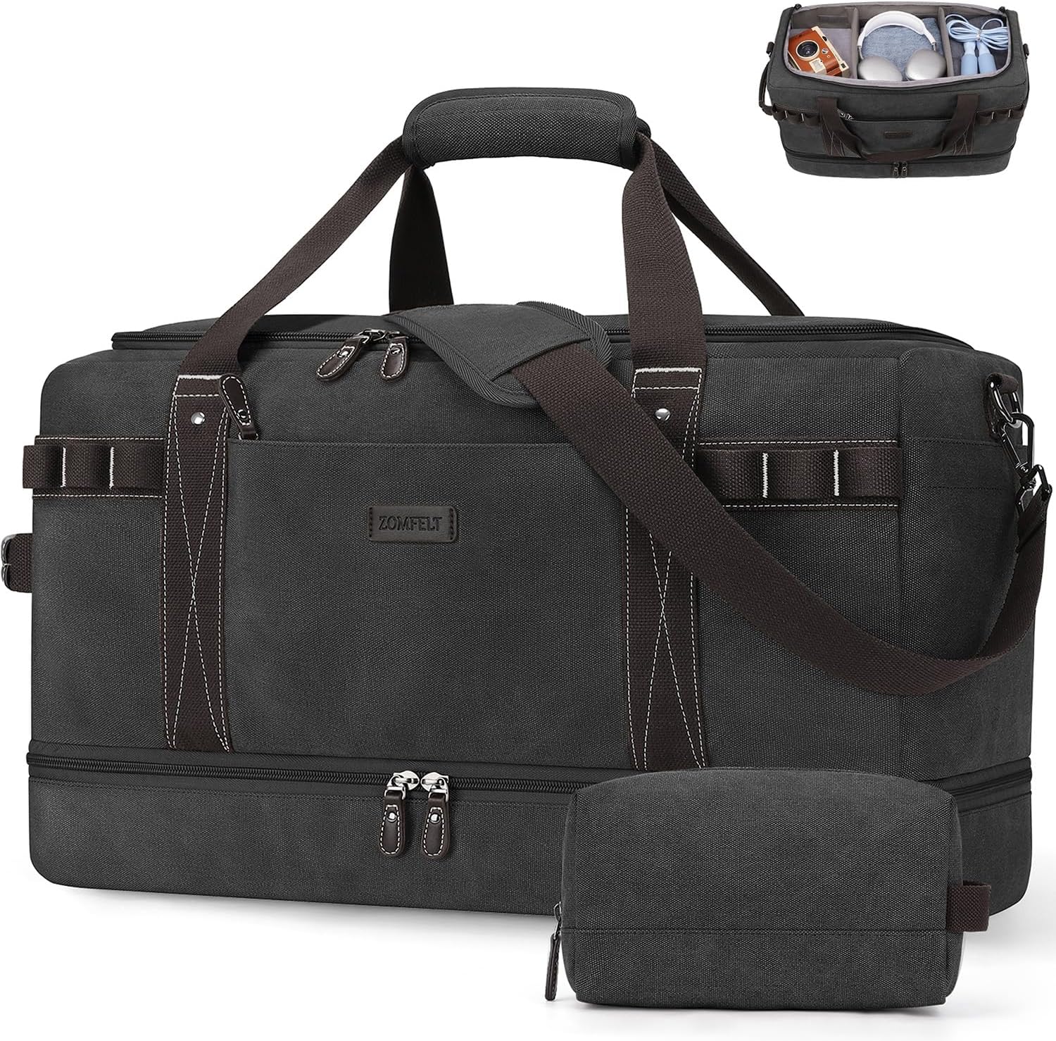 ZOMFELT Travel Duffle Bag for Men, Waterproof Canvas Overnight Duffel Bag with Removable Dividers & Shoe Compartment, Carry On Weekender Gym bag, Multi-Pocket & Vintage Design (Washed Black) - Roamly