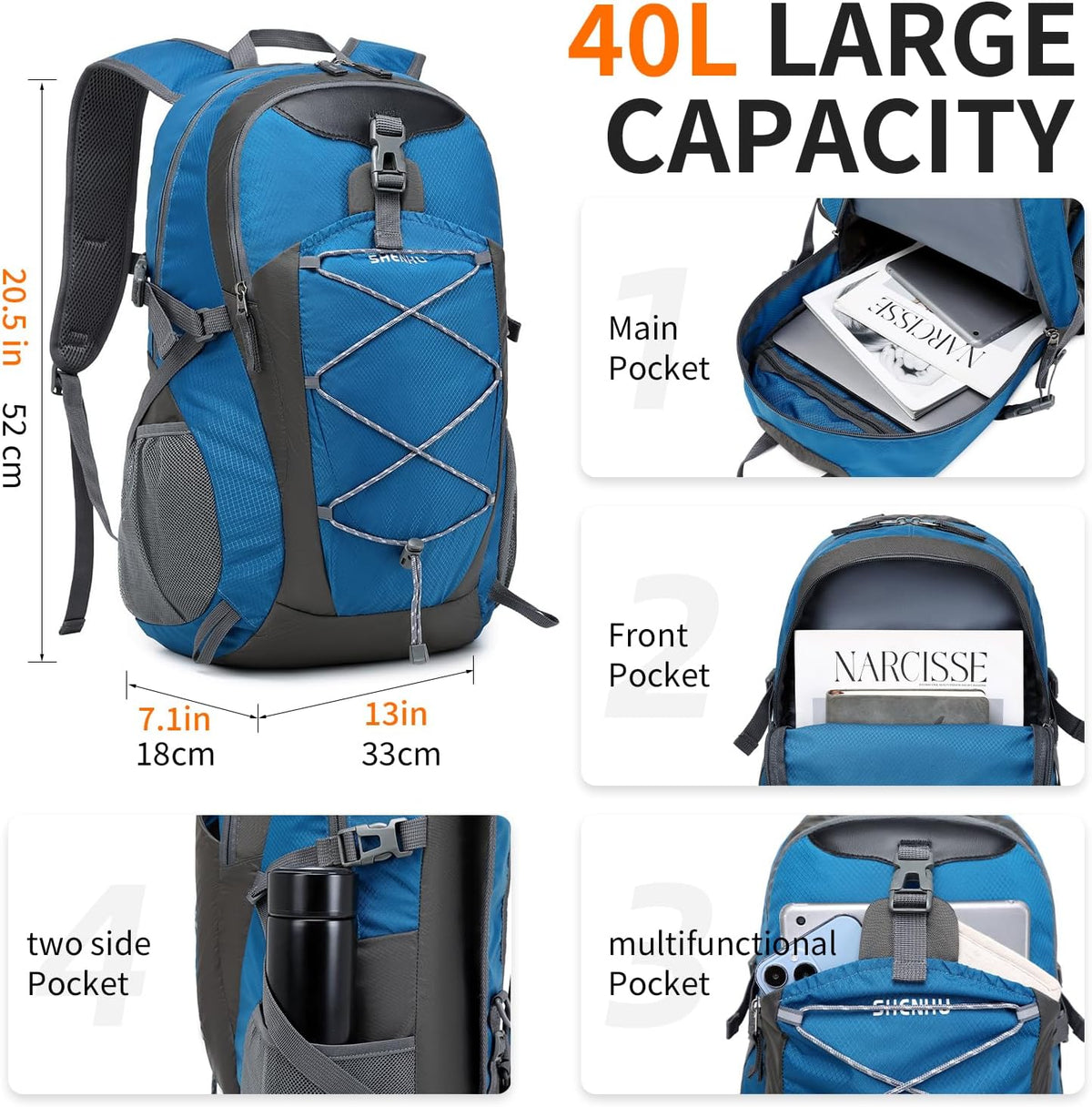 40L Hiking Backpack Lightweight Daypack Waterproof Travel Camping Backpack for Men Women Sport Packable - Roamly