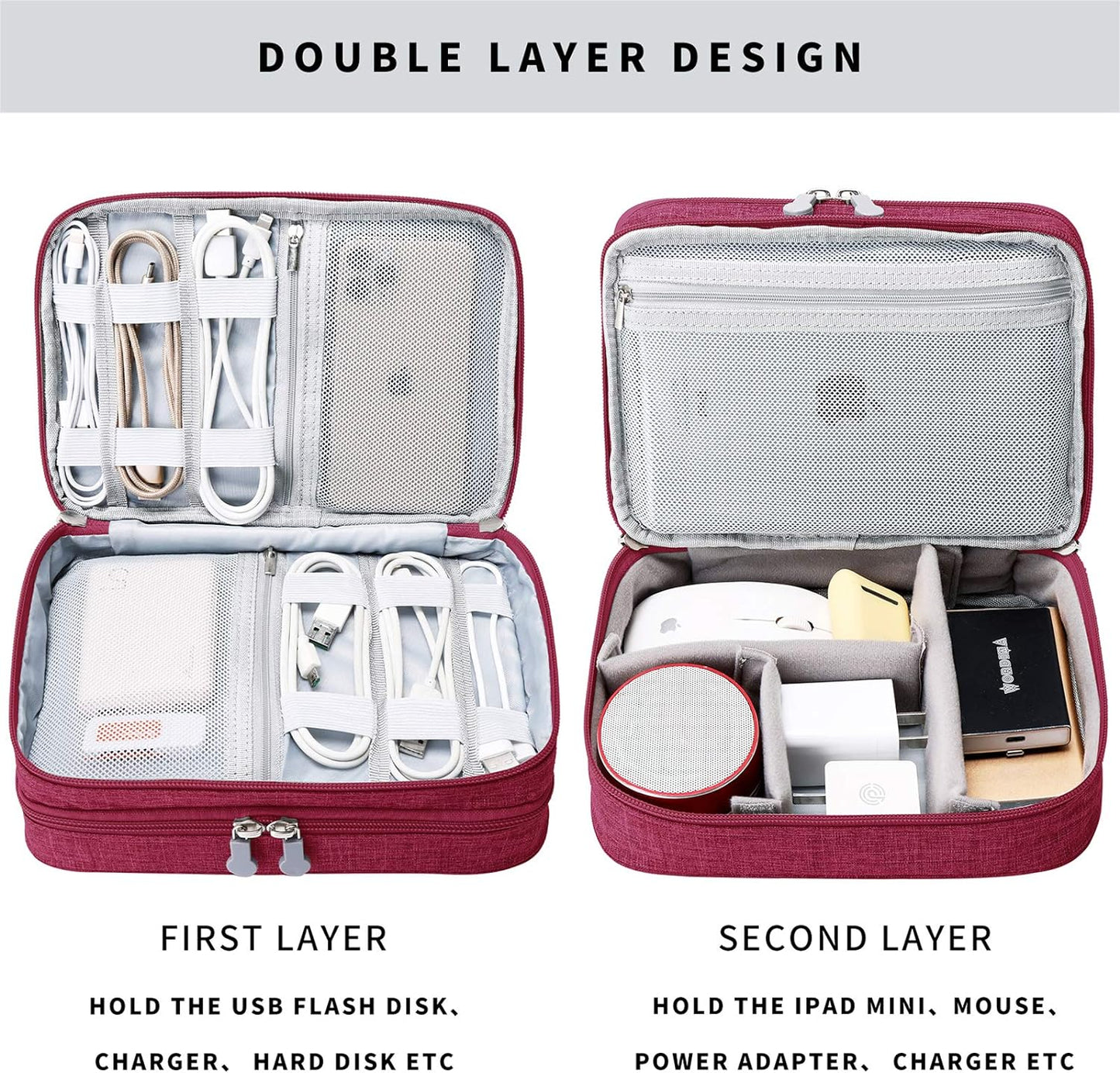 mygreen Travel Cable Organizer Bag, Two-Layer Electronics Accessories Organizer Bag for Cables, Chargers, Power Bank, Mouse,iPad, Phone, Kindle, SD Card, Wires, Cords, and Accessories Red