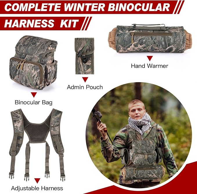 Binoculars Harness Chest Pack with Rangefinder Pouch and Hand Warmer Pockets, Adjustable Shoulder Strap, Ideal for Hunting, Hiking