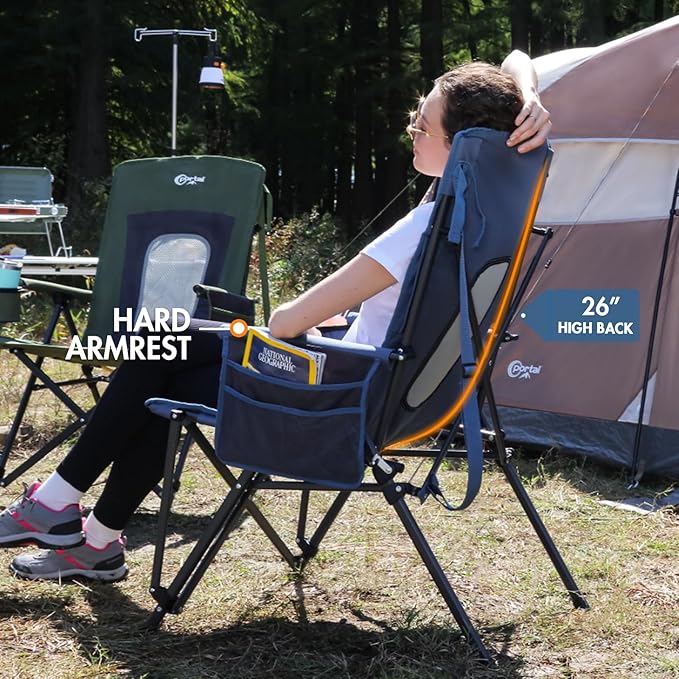 Portal Oversized Folding High Back Portable Lawn Chairs for Adults Outdoor Camp Sports Hunting Fishing Backyard with Hard Armrest Cup Holder Carrying Strap, Supports 400LBS, Blue