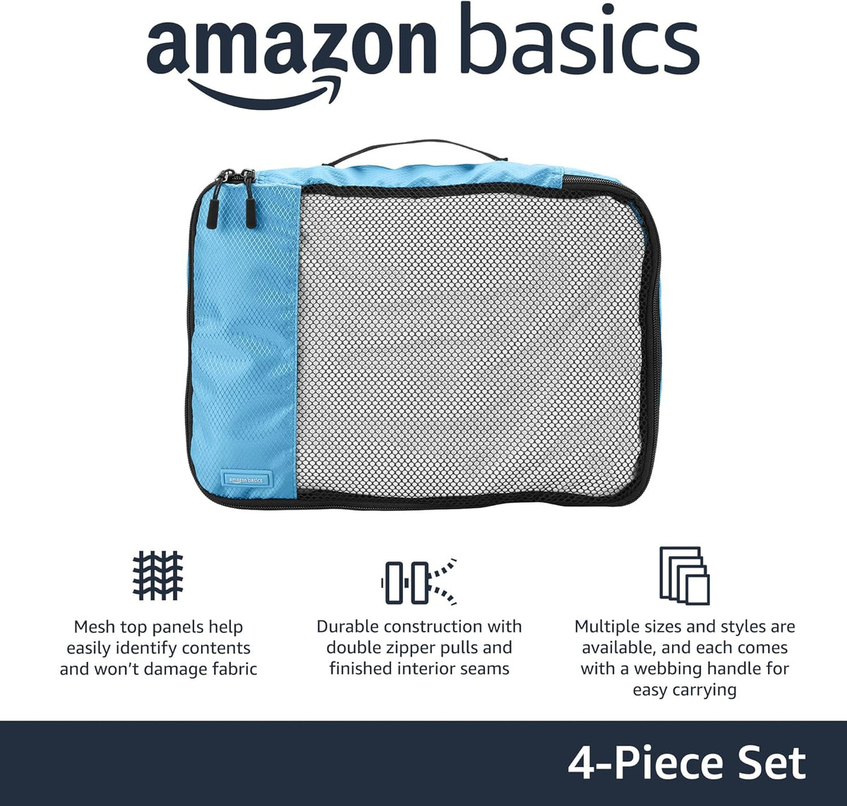 Amazon Basics Medium Packing Cubes for Travel, Packing Organizers, 4-Piece-Set With Double Zipper Pulls and Mesh Top Panel, 100% Durable Polyester, Sky Blue, 13.8"L x 9.8"W x 3"H - Roamly